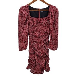Zara Womens XS Pink Leopard Ruched Bodycon Mini Dress Romantic Night Out